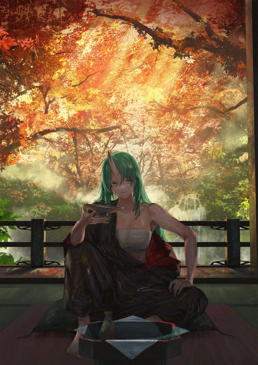 1girl absurdres alcohol arknights autumn_leaves chest_sarashi cup green_hair gyoukan_(jfxc) hadanugi_dousa highres horns hoshiguma_(arknights) knee_up looking_at_viewer oni railing sakazuki sake sarashi single_bare_shoulder single_horn sitting solo water waterfall yellow_eyes