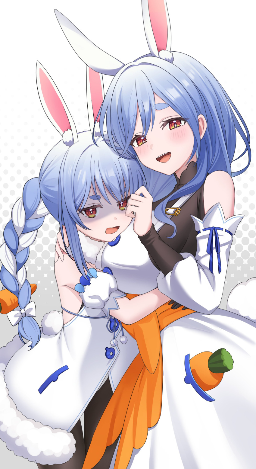 absurdres animal_ear_fluff animal_ears black_bodysuit blue_hair blush bodysuit braid breasts carrot_hair_ornament carrot_in_pocket food-themed_hair_ornament hair_ornament highres hololive hug long_hair mature_female mother_and_daughter multicolored_hair noraneco117 open_mouth pekomama rabbit-shaped_pupils rabbit_ears rabbit_girl red_eyes shaded_face short_eyebrows sideboob symbol-shaped_pupils thick_eyebrows twin_braids twintails two-tone_hair usada_pekora virtual_youtuber white_hair