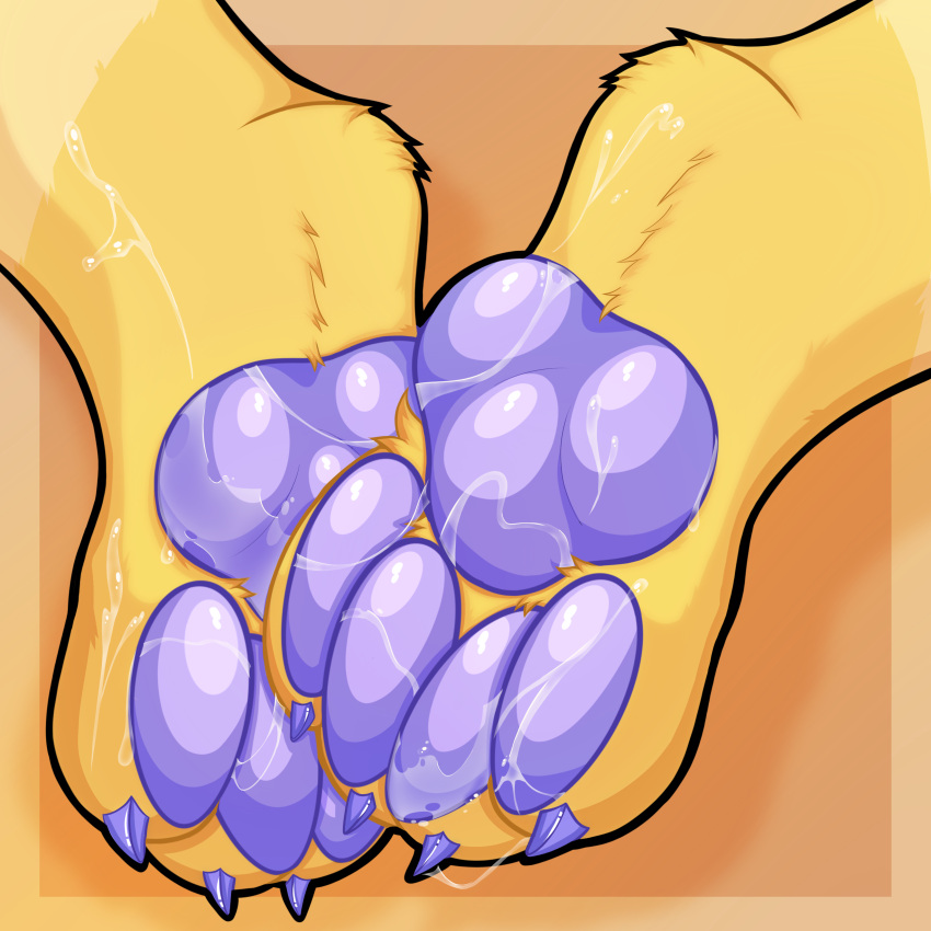 1:1 absurd_res animal_humanoid anthro bodily_fluids cat_humanoid claws cum cum_on_feet cum_on_pawpads cum_string domestic_cat feet felid felid_humanoid feline feline_humanoid felis foot_fetish foot_focus fur genital_fluids glistening glistening_pawpads hi_res humanoid leg_markings lenny_(chef_theia) male mammal mammal_humanoid markings maw_nsfw orange_background pawpads purple_claw purple_pawpads purple_toe_claws simple_background socks_(marking) solo toe_claws yellow_body yellow_fur yellow_paws