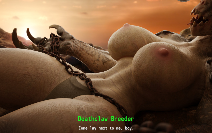 3d_(artwork) absurd_res anthro areola bethesda_softworks biped breasts chain clothed clothing deathclaw dialogue digital_media_(artwork) fallout female first_person_view hi_res lying nipples on_back panties scalie sfrogue solo text underwear