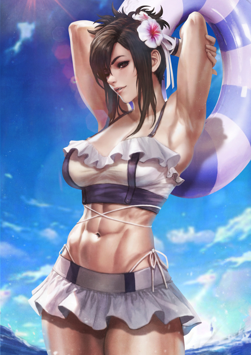 1girl abs absurdres armpits arms_up beach bikini bikini_skirt black_hair breasts cleavage final_fantasy final_fantasy_vii final_fantasy_vii_rebirth final_fantasy_vii_remake flower frilled_bikini frilled_bikini_top frills hair_flower hair_ornament highres innertube looking_at_viewer microskirt monori_rogue muscular muscular_female official_alternate_costume official_alternate_hairstyle parted_lips skirt smile solo swim_ring swimsuit thong_bikini tifa_lockhart tifa_lockhart_(shining_spirit) white_bikini