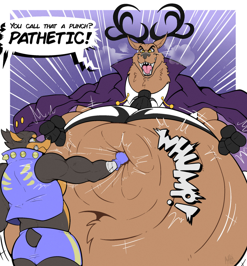 anthro antlers awoogasm belly big_belly brown_body bruno_silva canid canine canis clothed clothing deer dialogue digital_media_(artwork) duo english_text fangs hart_mcarthur_the_iv hi_res horn huge_belly male mammal musclegut muscular muscular_anthro muscular_male navel necktie onomatopoeia open_mouth overcoat overweight punch rear_view rippling_belly rumbling_stomach shirt simple_background size_difference sound_effects teeth text tight_clothing topwear undershirt yellow_eyes