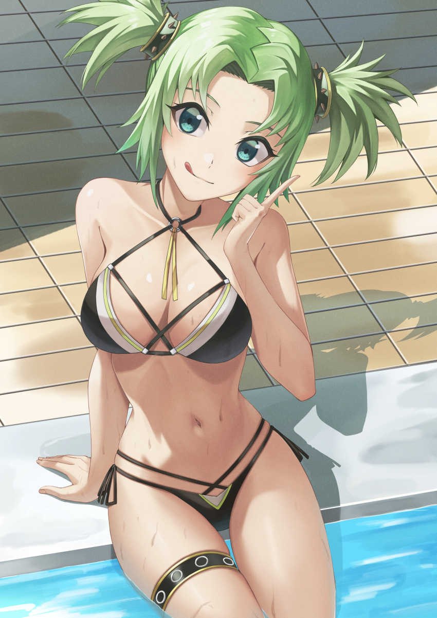 1girl absurdres bikini black_bikini breasts commission droite_(tales) english_commentary green_eyes green_hair hair_rings highres large_breasts o-ring pool poolside rourou_ill short_hair sidelocks smile solo swimsuit tales_of_(series) tales_of_vesperia thigh_ring tongue tongue_out twintails water wet