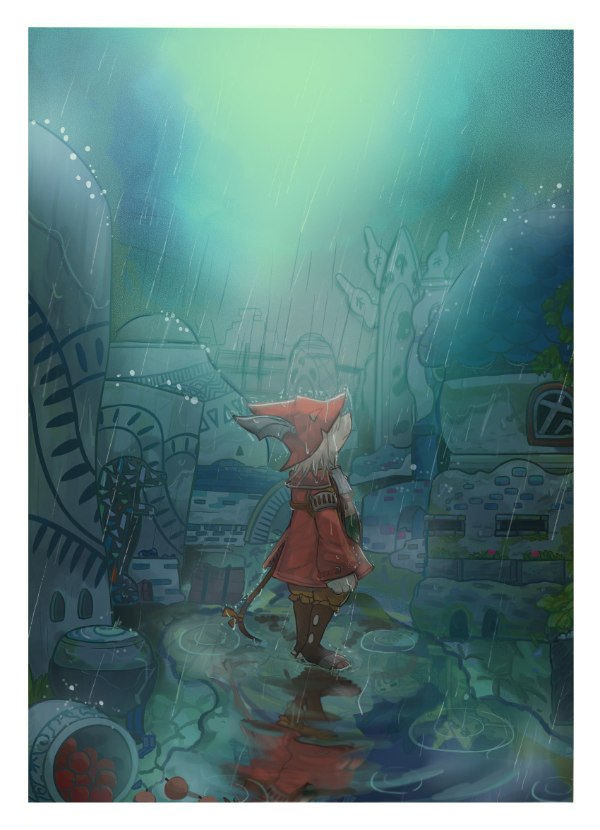 1girl absurdres apple ascot blonde_hair border brick brown_footwear brown_pants building city clawed_feet clenched_hand coat commentary_request comyuiii covered_eyes final_fantasy final_fantasy_ix food freija_crescent frown fruit full_body highres jar looking_up mouse_girl mouse_tail pants puddle rain red_coat reflection ribbon ripples sad solo standing tail tail_ornament tail_ribbon toeless_footwear water_drop white_ascot white_border winged_hat