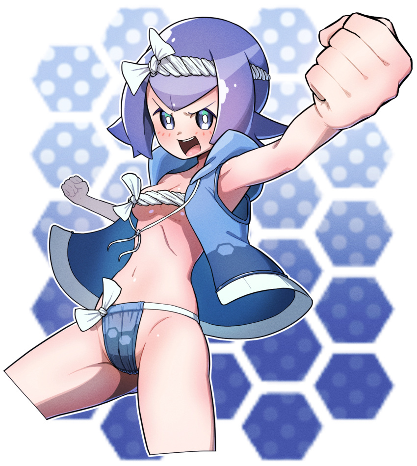 1girl blue_eyes blue_hair blue_jacket clenched_hands fumirumochigashin fundoshi hairband highres jacket japanese_clothes lana_(pokemon) navel open_mouth pokemon short_hair solo white_hairband