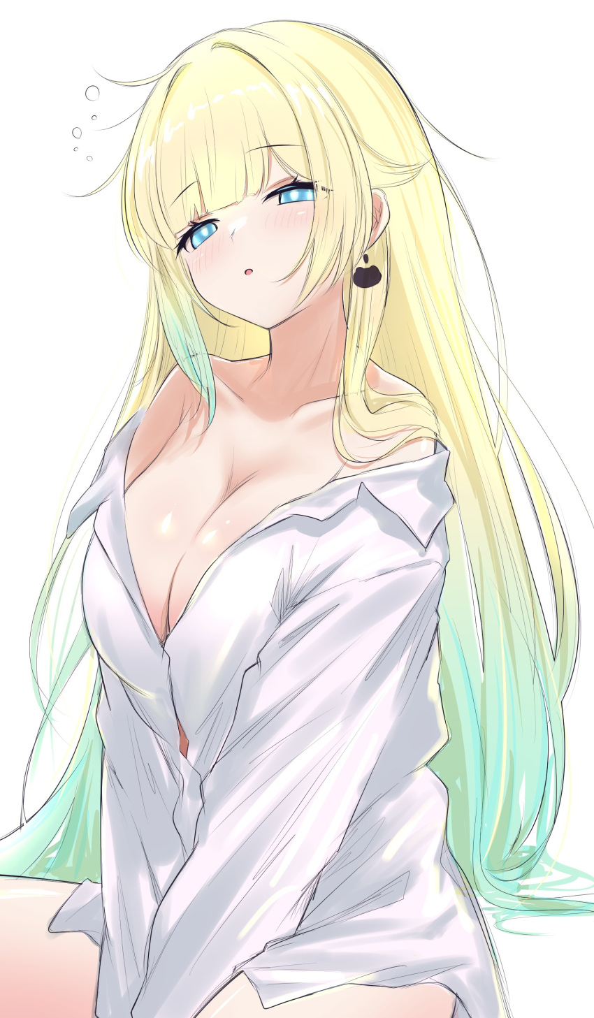 1girl absurdres aizawa_ema bare_shoulders blonde_hair blue_eyes blue_hair blunt_bangs breasts bright_pupils cat_earrings collared_shirt dress_shirt gradient_hair green_hair hair_flaps head_tilt highres large_breasts long_hair long_sleeves looking_at_viewer messy_hair multicolored_hair naked_shirt no_bra off_shoulder open_clothes open_shirt parted_lips prsdubstep shirt simple_background sitting sleepy solo v_arms very_long_hair virtual_youtuber vspo! white_background white_pupils white_shirt wing_collar