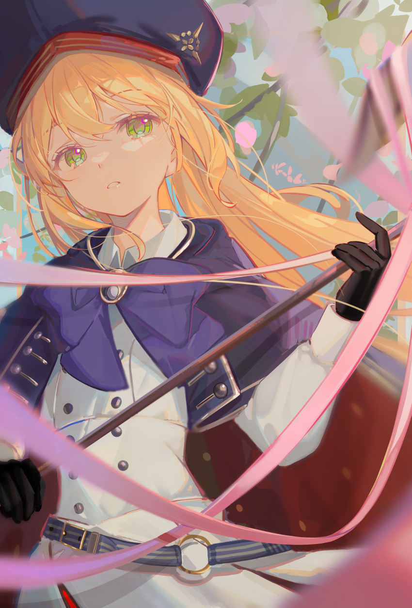 1girl absurdres artoria_caster_(fate) artoria_caster_(second_ascension)_(fate) artoria_pendragon_(fate) belt beret black_gloves blonde_hair blue_belt blue_cape blue_capelet blue_cloak bow buttons cape capelet cloak dress fate/grand_order fate_(series) gloves green_eyes hair_between_eyes hat highres holding holding_staff hood hooded_cape long_hair long_sleeves looking_at_viewer marmyadose_(fate) multicolored_cape multicolored_capelet multicolored_cloak multicolored_clothes o-ring o-ring_belt open_mouth ornament oyaji_hime solo staff striped_belt twintails