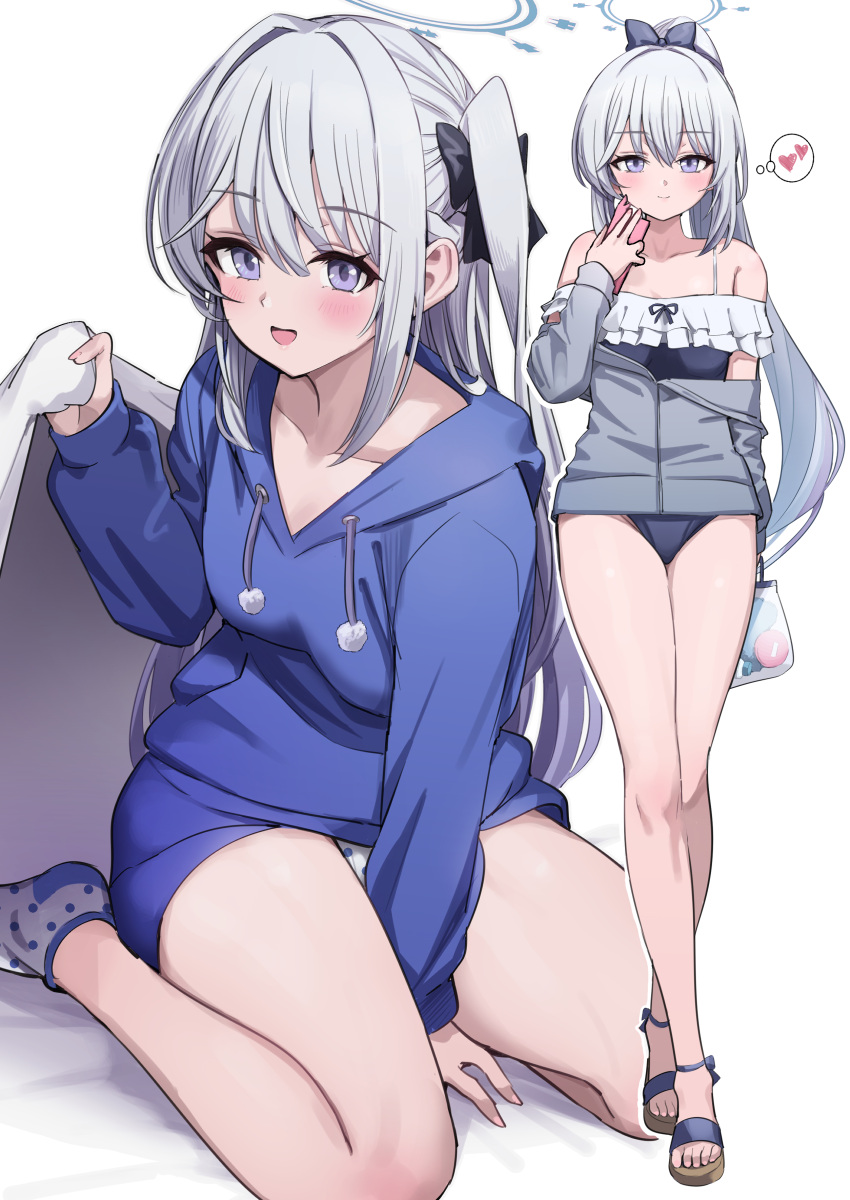 1girl absurdres bare_shoulders black_bow blue_archive blue_bow blue_eyes blue_hair blue_halo blue_hoodie blue_one-piece_swimsuit blush bow closed_mouth collarbone commentary_request frilled_one-piece_swimsuit frills full_body grey_jacket hair_bow halo hand_up heart highres hood hood_down hoodie jacket light_blue_hair looking_at_viewer miyako_(blue_archive) miyako_(swimsuit)_(blue_archive) miyako_(young)_(blue_archive) off-shoulder_one-piece_swimsuit off_shoulder official_alternate_costume one-piece_swimsuit open_mouth panties pizzasi polka_dot polka_dot_panties polka_dot_socks ponytail sandals seiza side_ponytail simple_background sitting smile socks solo spoken_heart standing swimsuit thighs underwear white_background white_panties white_socks