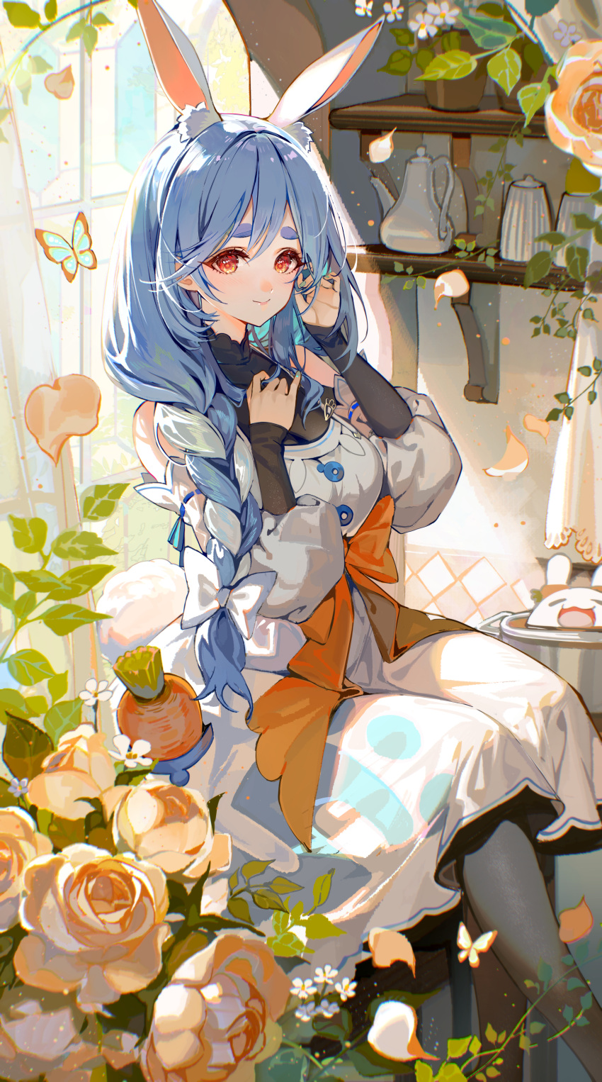 1girl absurdres akizero1510 animal_ear_fluff animal_ears apron bare_shoulders black_bodysuit black_thighhighs blue_hair blush bodysuit braid braided_ponytail breasts bug butterfly carrot carrot_in_pocket flower highres hololive indoors large_breasts long_hair long_sleeves looking_at_viewer mature_female multicolored_hair open_mouth pekomama pink_flower pink_rose playboy_bunny rabbit_ears rabbit_girl rose short_eyebrows sitting smile solo thighhighs usada_pekora virtual_youtuber white_hair window