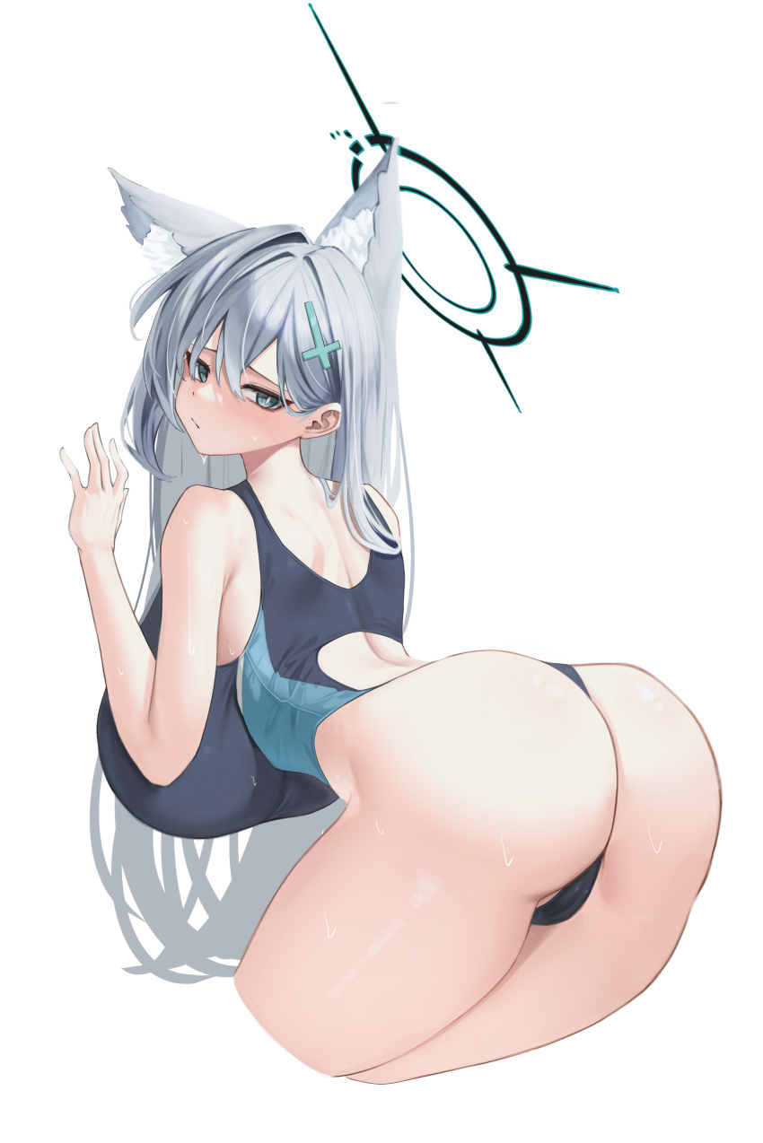 1girl absurdres against_wall animal_ear_fluff animal_ears ass back_cutout blue_archive breasts clothing_cutout cropped_legs grey_hair halo highres huge_breasts invisible_wall looking_at_viewer looking_back shiroko_(blue_archive) shiroko_(swimsuit)_(blue_archive) shiroko_terror_(blue_archive) simple_background simsim_han-u solo two-tone_one-piece_swimsuit white_background wolf_ears