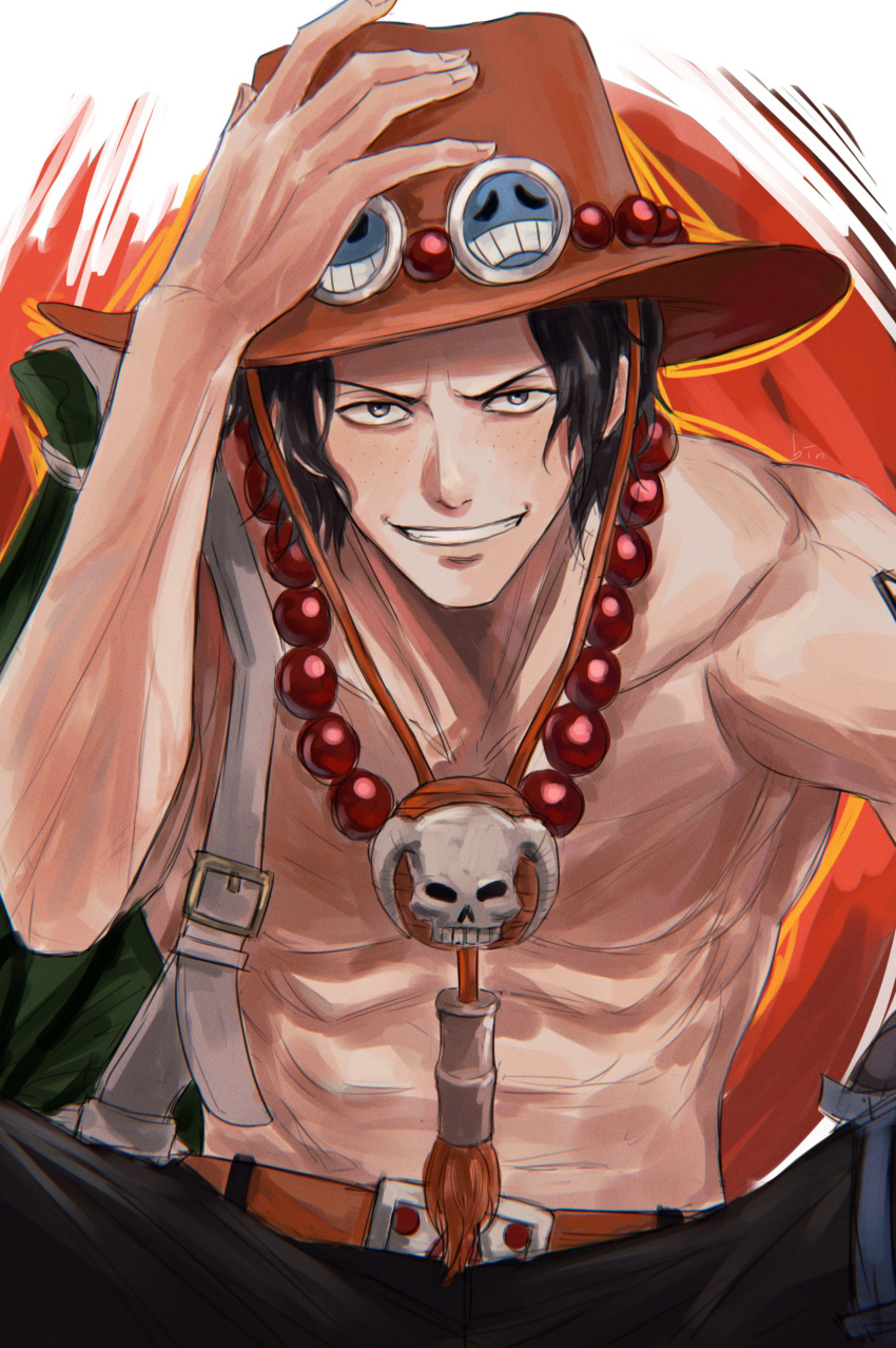 1boy absurdres bag belt bin_(binonep) black_hair black_shorts commentary_request freckles hand_on_headwear highres jewelry korean_commentary looking_at_viewer male_focus necklace one_piece orange_belt orange_hat pearl_necklace portgas_d._ace short_hair shorts shoulder_bag smile solo topless_male