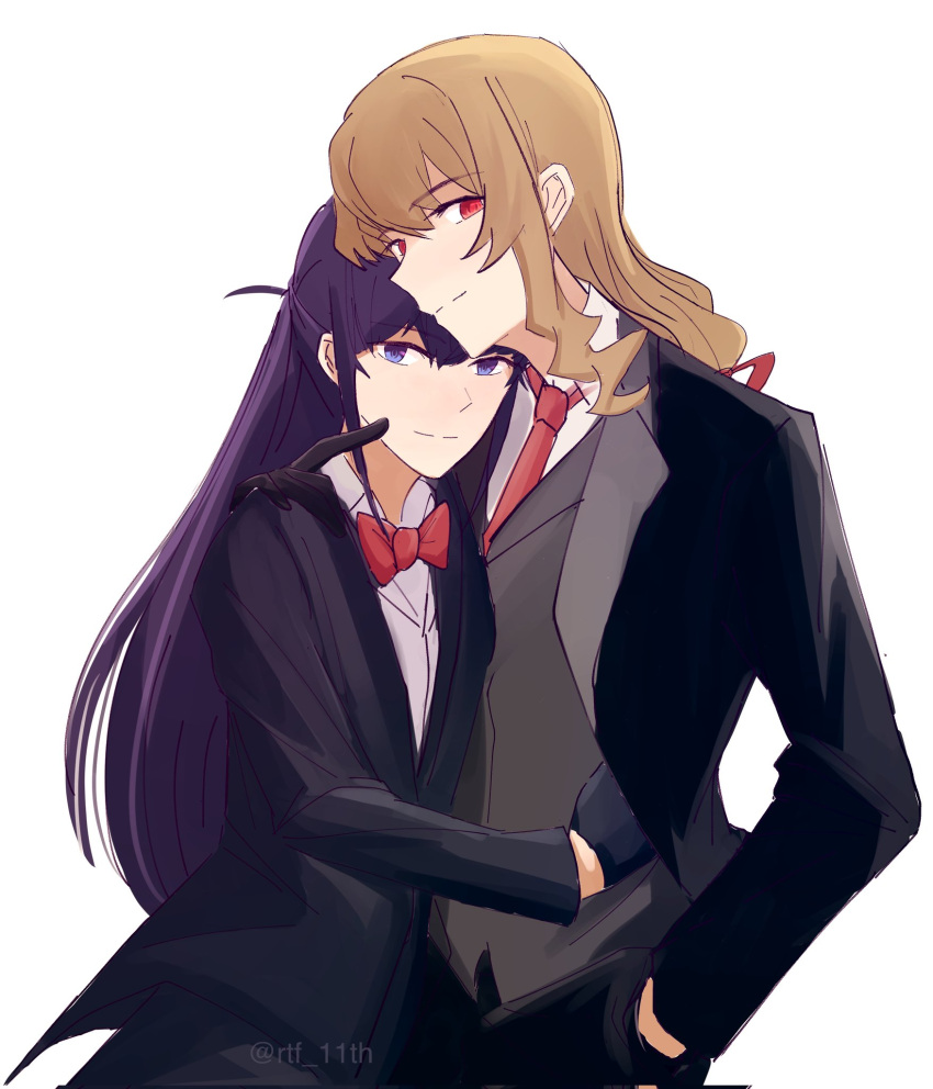2girls black_gloves black_jacket blonde_hair bow bowtie closed_mouth collared_shirt commentary corrupted_twitter_file finger_to_another's_cheek gloves grey_vest hand_in_pocket hand_on_another's_shoulder hand_on_another's_waist heads_together highres jacket long_hair looking_at_viewer multiple_girls necktie purple_eyes purple_hair red_bow red_bowtie red_eyes red_necktie rtf_11th saijou_claudine shirt shoujo_kageki_revue_starlight simple_background smile suit_jacket tsuyuzaki_mahiru upper_body vest white_background white_shirt yuri