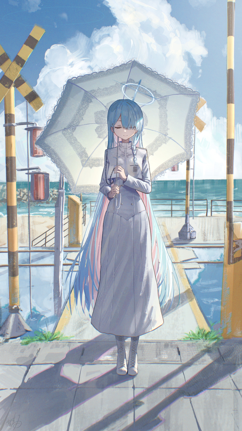 1girl absurdres aiguillette blue_archive blue_hair blue_halo blue_sky boom_barrier boots closed_eyes cloud colored_inner_hair commentary cross-laced_footwear day facing_viewer full_body general_student_council_president_(blue_archive) hair_over_one_eye halo hidulume highres holding holding_umbrella lace-trimmed_umbrella light_blue_hair long_hair long_skirt multicolored_hair outdoors pink_hair shadow skirt sky smile solo standing straight-on two-tone_hair umbrella very_long_hair white_footwear white_umbrella