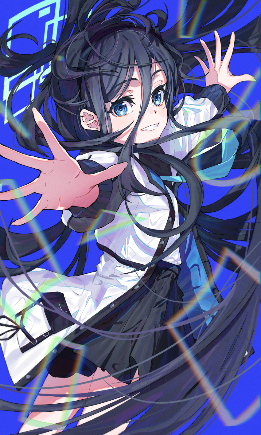 1girl absurdly_long_hair aqua_halo aris_(blue_archive) arms_up black_hair black_skirt blue_archive blue_background blue_eyes blue_necktie blush breasts green_halo hair_between_eyes halo hanozuku highres jacket long_hair long_hair_between_eyes long_sleeves looking_at_viewer necktie rectangular_halo shirt simple_background skirt small_breasts smile solo very_long_hair white_jacket white_shirt