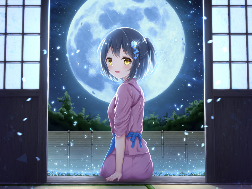 1girl :d absurdres apron bamboo_fence black_hair blue_apron blue_flower blue_petals commentary_request falling_petals fence flower full_moon hair_flower hair_ornament half_updo hand_rest highres looking_at_viewer looking_back moon night night_sky open_door open_mouth original pants petals pink_pants pink_shirt ponytail shirt short_hair shouji sidelocks sitting sky sliding_doors smile solo star_(sky) starry_sky waist_apron yellow_eyes yutuki_ame