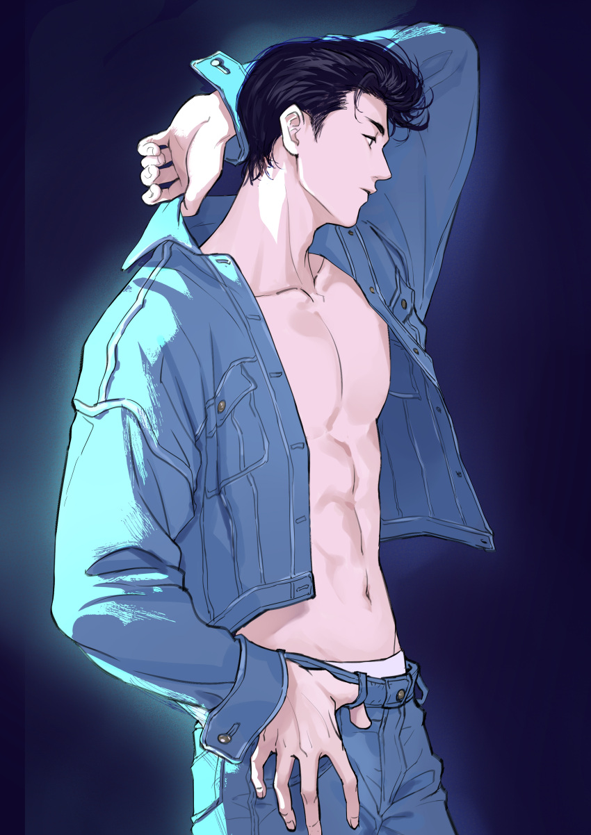 1boy 4305869_(pixiv4305869) abs absurdres adjusting_clothes arm_up black_hair blue_background blue_jacket blue_pants blue_theme cowboy_shot from_side hand_on_own_hip highres jacket long_sleeves looking_ahead male_focus male_underwear mitsui_hisashi navel pants pompadour profile short_hair slam_dunk_(series) solo underwear white_male_underwear
