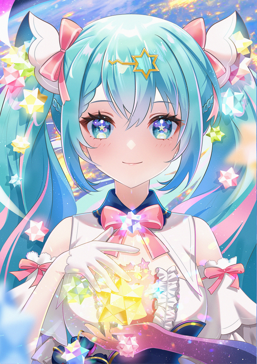 1girl absurdres ava_illust blue_eyes blue_hair bow bowtie braid breasts closed_mouth detached_collar detached_sleeves dress earth_(planet) eyelashes frilled_dress frills gloves hair_between_eyes hair_bow hair_ornament hair_ribbon hairclip hands_up hatsune_miku highres light_blush long_hair looking_at_viewer medium_breasts outdoors pink_bow pink_bowtie pink_ribbon planet purple_gloves ribbon sidelocks smile solo space sparkle star-shaped_pupils star_(symbol) symbol-shaped_pupils twintails upper_body vocaloid white_dress white_gloves