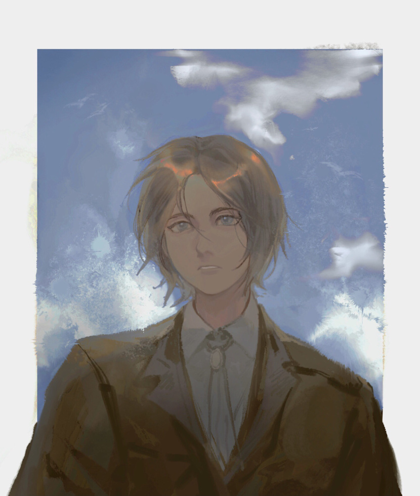 1boy blue_eyes blue_sky border brown_hair brown_jacket chinese_commentary cloud collared_shirt commentary_request eren_yeager expressionless highres jacket looking_up male_focus necktie outdoors outside_border parted_lips ramiica shingeki_no_kyojin shirt short_hair sky solo upper_body white_border white_necktie white_shirt