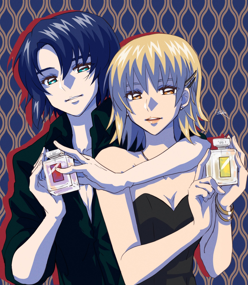 1boy 1girl arm_around_neck athrun_zala black_dress black_shirt blonde_hair blue_hair bottle breasts cagalli_yula_athha cleavage couple dress earrings green_eyes gundam gundam_seed gundam_seed_freedom hair_ornament highres holding holding_bottle jewelry looking_at_viewer nagisa_(nagi7mayn) perfume_bottle shirt short_hair yellow_eyes