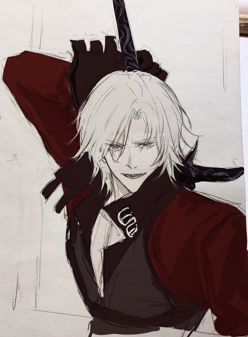 black_gloves dante_(devil_may_cry) devil_may_cry_(series) devil_may_cry_2 gloves highres holding holding_weapon looking_at_viewer lovelythorki male_focus pectorals rebellion_(sword) simple_background smile solo sword vest weapon weapon_on_back