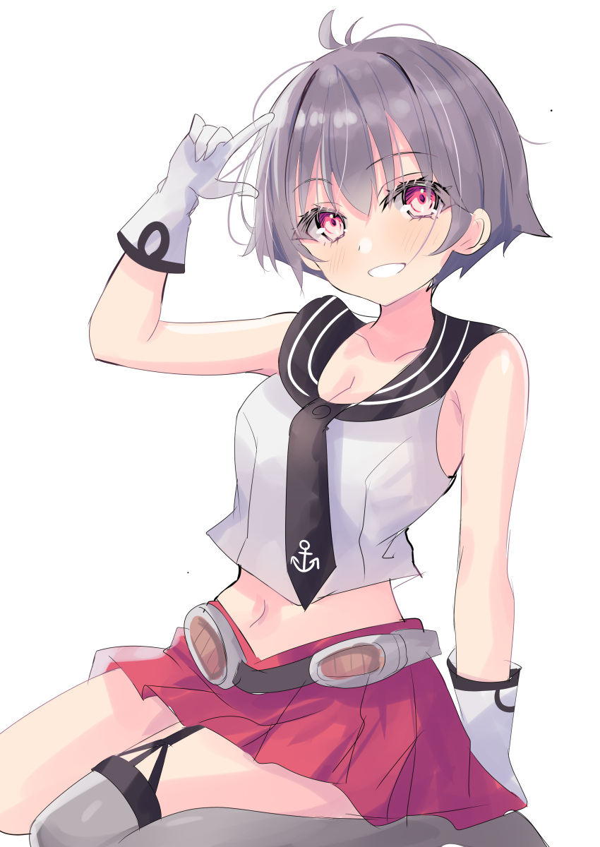 1girl absurdres anchor_symbol black_necktie black_sailor_collar garter_straps gloves grey_hair grey_thighhighs grin highres hizaka kantai_collection necktie one-hour_drawing_challenge pleated_skirt red_eyes red_skirt sailor_collar sailor_shirt sakawa_(kancolle) salute shirt short_hair simple_background single_garter_strap single_thighhigh sitting skirt sleeveless sleeveless_shirt smile solo thighhighs white_background white_gloves white_shirt