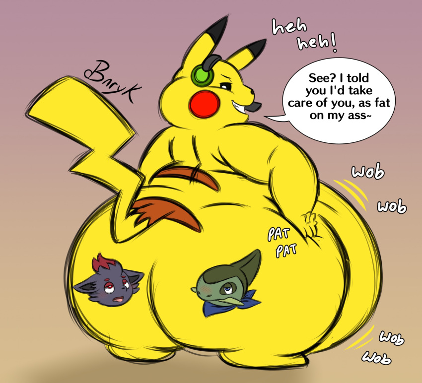 after_vore anthro axew belly big_butt blush bunearyk butt chubby_cheeks electronics facemarks fattychu feral fur generation_1_pokemon generation_5_pokemon group hand_on_butt headgear headphones headset hi_res looking_at_butt male nintendo obese obese_anthro obese_male overweight overweight_anthro overweight_male pikachu pokemon pokemon_(species) predator/prey rear_view smug smug_face trio vore wobbling yellow_body yellow_fur zorua