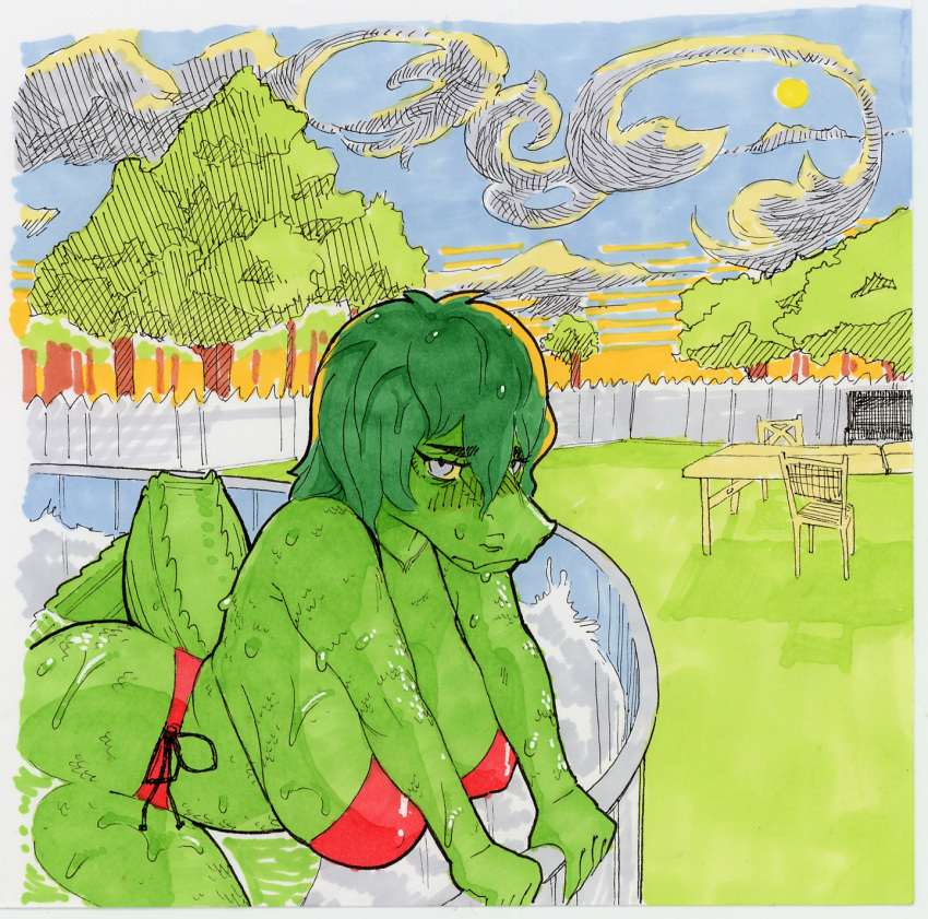 alligator alligatorid anthro baryonyx big_breasts big_butt bikini biped blush breasts butt cavemanon_studios clothing crocodilian dinosaur dripping_wet female fence folding_chair folding_table grill hair hi_res i_wani_hug_that_gator looking_at_viewer marker_(artwork) nipple_outline non-mammal_breasts olivia_halford outside pen_(artwork) pool realius reptile scalie slightly_chubby solo spinosaurid swimwear theropod thick_thighs traditional_media_(artwork) wet wet_hair