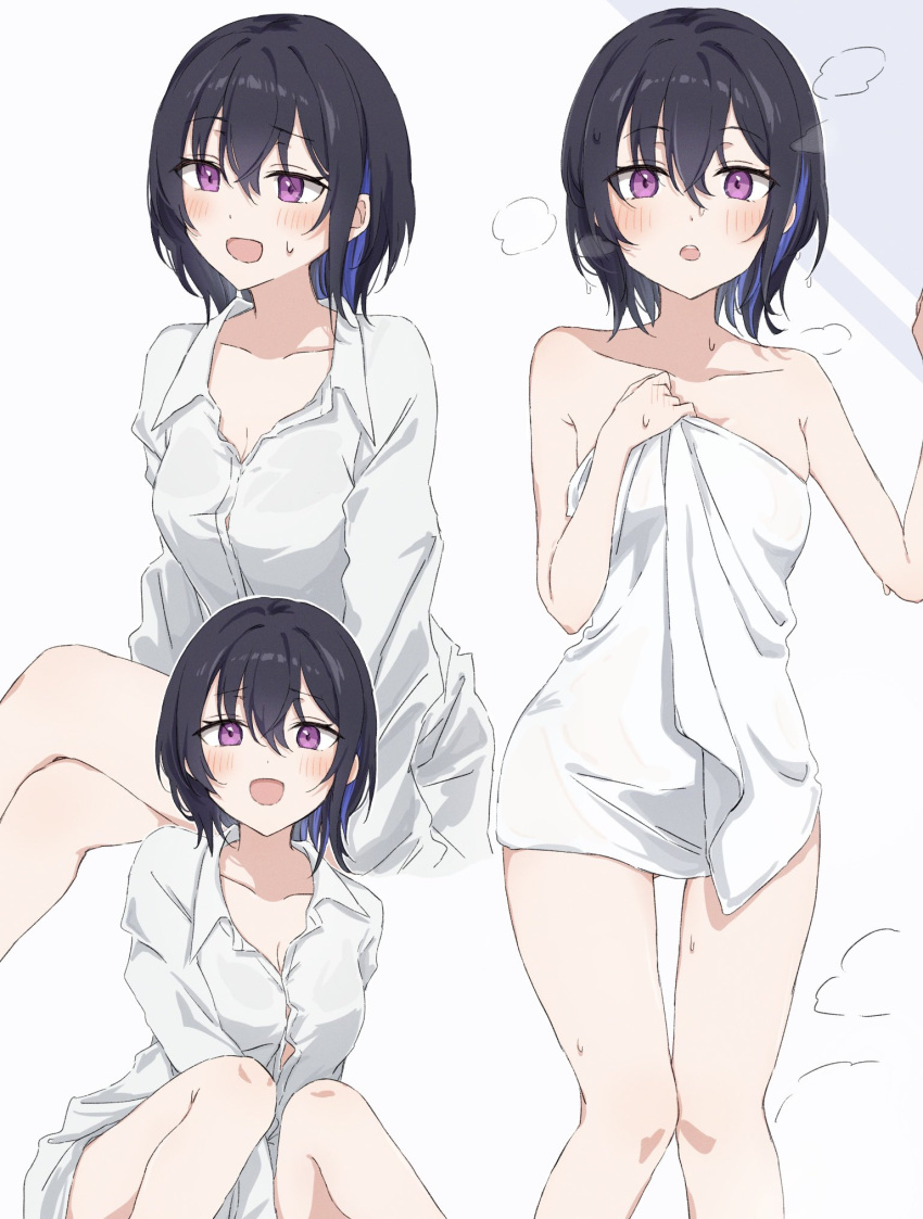 1girl :d :o black_hair blue_hair blush breasts button_gap cleavage collared_shirt colored_inner_hair crossed_legs dress_shirt hair_between_eyes highres ichinose_uruha kuritaso111 long_sleeves looking_at_viewer medium_breasts multicolored_hair multiple_views naked_shirt naked_towel no_bra purple_hair shirt short_hair simple_background sitting smile standing steam streaked_hair sweatdrop textless_version towel vspo! wet white_background white_shirt white_towel wing_collar