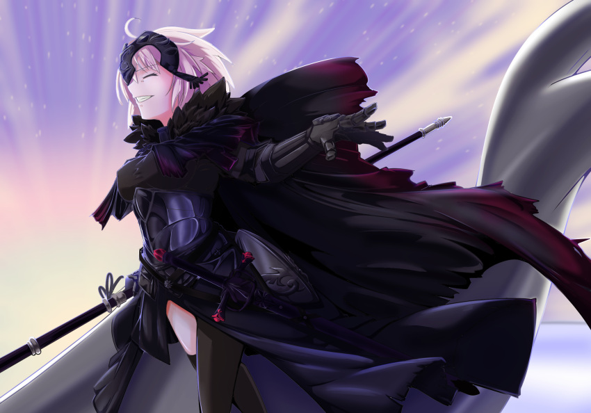 1girl ahoge armor armored_dress banner breasts cape chain fate/grand_order fate_(series) faulds flag fur-trimmed_cape fur_trim gauntlets gloves grey_hair headpiece highres holding holding_flag jeanne_d'arc_(fate) jeanne_d'arc_alter_(avenger)_(fate) jeanne_d'arc_alter_(fate) open_mouth plackart short_hair smile solo standard_bearer thighhighs