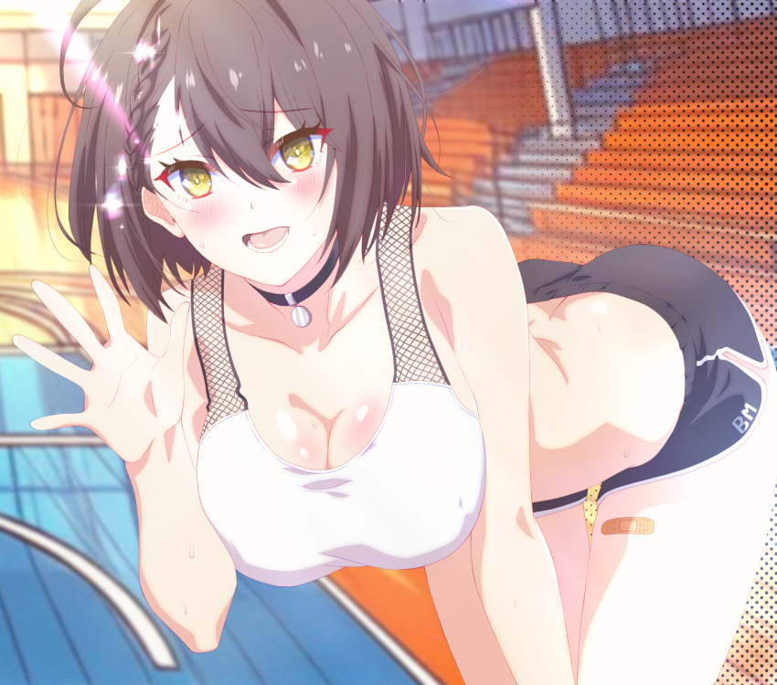 1girl ahoge arbiter1 azur_lane baltimore_(azur_lane) baltimore_(black_ace)_(azur_lane) bandaid_on_thigh black_choker black_shorts blush braid breasts brown_hair choker cleavage highres leaning_forward official_alternate_costume open_hand racket short_hair short_shorts shorts sports_bra sportswear sweat two-tone_shirt white_sports_bra yellow_eyes