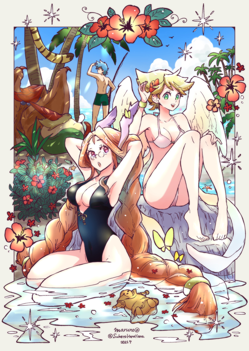 2girls 3boys absurdres angel_wings animal_ears bikini black_one-piece_swimsuit blonde_hair blue_eyes blue_hair blue_sky braid breasts breath_of_fire breath_of_fire_iii coconut_tree commentary feathered_wings fishing_rod flower full_body garr green_eyes hair_flower hair_ornament highres honey_(breath_of_fire) long_hair looking_at_viewer maruno momo_(breath_of_fire) multiple_boys multiple_girls nina_(breath_of_fire_iii) one-piece_swimsuit open_mouth palm_tree pince-nez rei_(breath_of_fire) ryuu_(breath_of_fire_iii) short_hair sky smile swimsuit tree twin_braids water white_wings wings