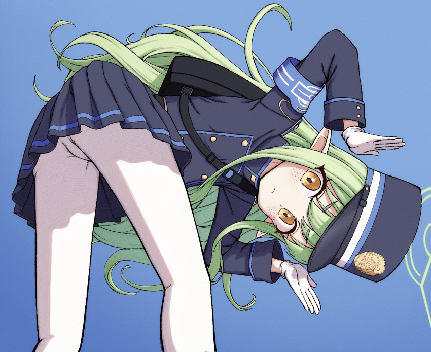 1girl armband bent_over blue_archive blue_armband blue_background blush commentary_request gloves green_hair halo hat highlander_sidelocks_conductor_(blue_archive) highres jacket long_hair looking_at_viewer pantyhose peaked_cap poikuru pointy_ears sidelocks simple_background skirt solo train_conductor white_gloves white_pantyhose yellow_eyes