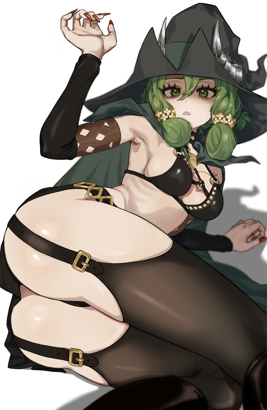 1girl absurdres ass breasts cloak fake_horns freckles fujinari green_cloak green_eyes green_hair hat highres horned_headwear horns long_hair looking_at_viewer lying medium_breasts navel on_side open_mouth red_nails shadow simple_background solo thick_eyelashes thighhighs thighs unicorn_overlord white_background witch_hat yahna_(unicorn_overlord)