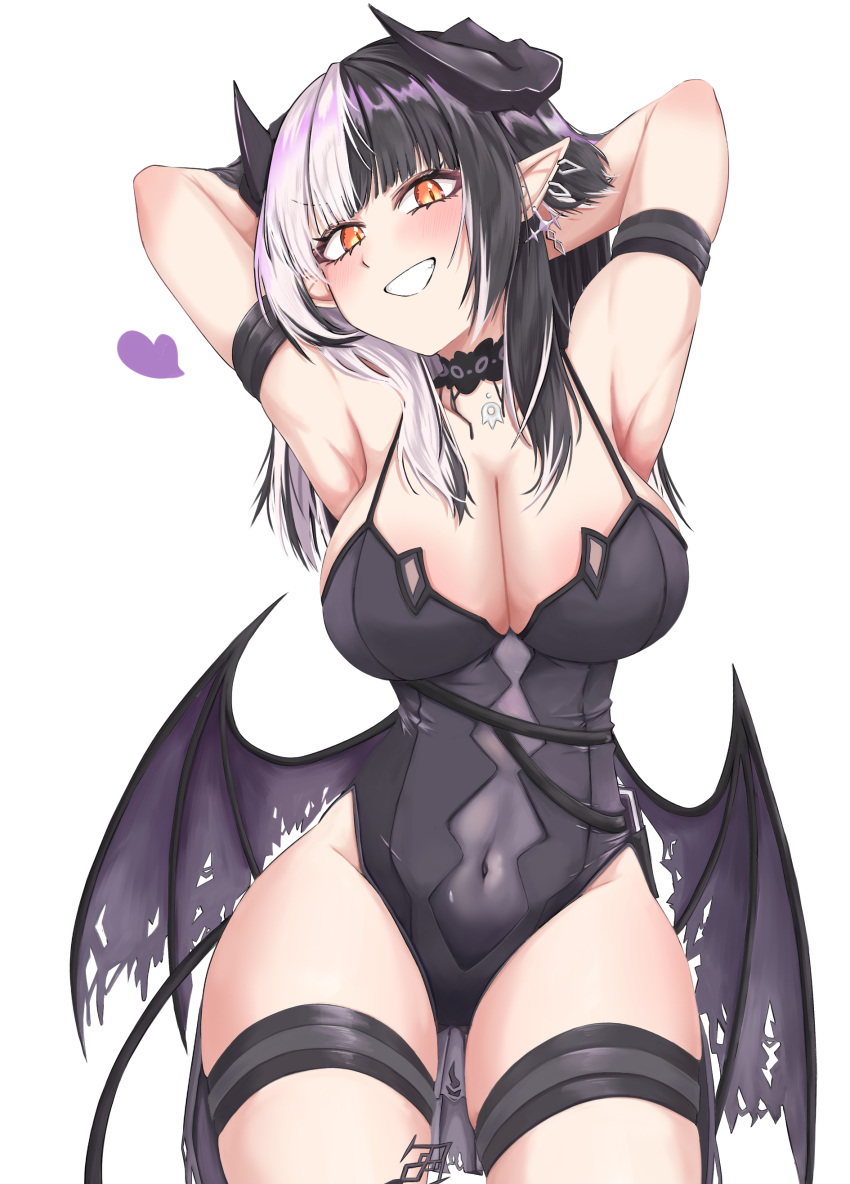 1girl absurdres adapted_costume black_hair black_horns black_tail breasts chest_belt choker cleavage demon_girl demon_horns demon_tail demon_wings fang glowing glowing_eyes grey_hair grin hair_ornament highres hololive hololive_english horns leotard looking_at_viewer medium_breasts mmneko multicolored_hair open_mouth shiori_novella shiori_novella_(1st_costume) simple_background smile solo split-color_hair tail twitter_username two_side_up upper_body virtual_youtuber white_background wings yellow_eyes