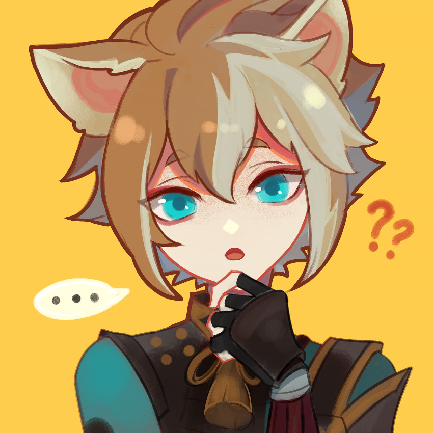 ... 1boy ? ?? animal_ear_fluff animal_ears black_gloves blonde_hair blue_eyes blue_shirt bracer brown_hair cat_ears commentary english_commentary fingerless_gloves flower_knot genshin_impact gloves gorou_(genshin_impact) hand_on_own_chin highres kanlamari looking_at_viewer male_focus multicolored_hair neck_tassel open_mouth shirt simple_background single_shoulder_pad solo speech_bubble thick_eyebrows thinking two-tone_hair upper_body yellow_background