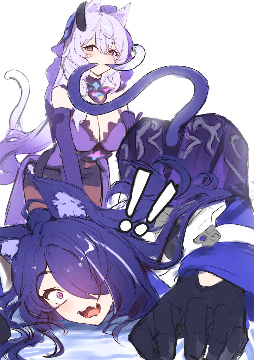 ! !! 2girls absurdres acheron_(honkai:_star_rail) adamosina animal_ears black_gloves black_swan_(honkai:_star_rail) cat_ears commentary dress fang gloves highres honkai:_star_rail honkai_(series) kemonomimi_mode long_hair looking_at_viewer mouth_hold multiple_girls open_mouth purple_dress purple_hair simple_background veil very_long_hair white_background