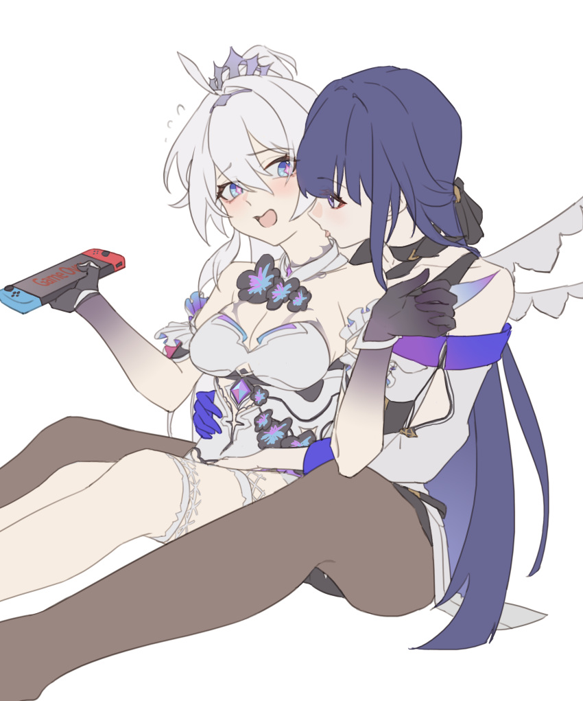 2girls absurdres ahoge black_flower black_hands black_pantyhose blue_eyes blue_hair blush breasts cleavage dress flower gloves grey_hair hair_between_eyes handheld_game_console hands_up hetare_mizu highres holding holding_handheld_game_console honkai_(series) honkai_impact_3rd kiana_kaslana kiana_kaslana_(herrscher_of_finality) licking licking_another's_neck long_hair looking_at_another medium_breasts multiple_girls open_mouth pantyhose purple_eyes purple_gloves raiden_mei raiden_mei_(apho) simple_background sitting tongue tongue_out white_background white_dress yuri