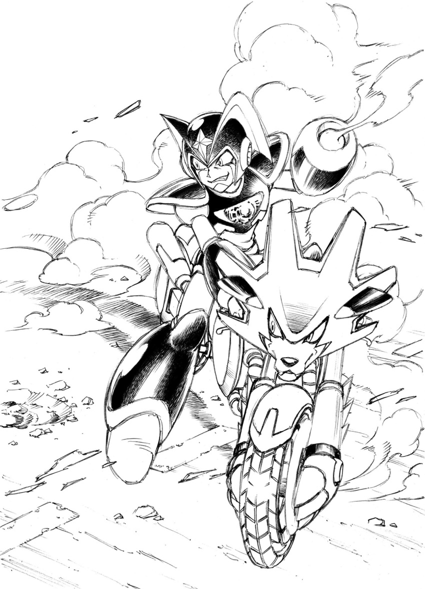 1boy arm_cannon armor bass_(mega_man) bass_day chest_jewel dog fins forehead_jewel head_fins helmet highres idetsuki_kouji looking_to_the_side mega_man_(classic) mega_man_(series) monochrome motor_vehicle riding road smirk smoke street treble_(mega_man) weapon