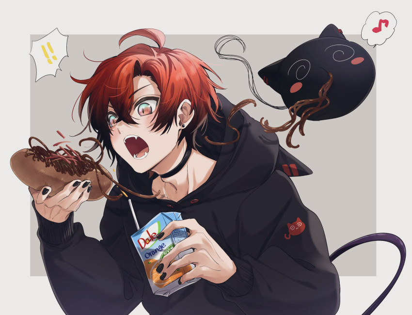 ! !! 1boy @_@ ahoge black_choker black_hair black_hoodie black_nails blush choker creature eating english_commentary fangs food gradient_hair grey_background hair_between_eyes highres holding holding_food holostars holostars_english hood hoodie imminent_bite juice_carton machina_x_flayon machiroon_(machina_x_flayon) male_focus multicolored_hair musical_note nail_polish noodles open_mouth orange_eyes peke_(pekepeke_999) red_hair short_hair solo spoken_exclamation_mark spoken_musical_note two-tone_background upper_body white_background yakisobapan