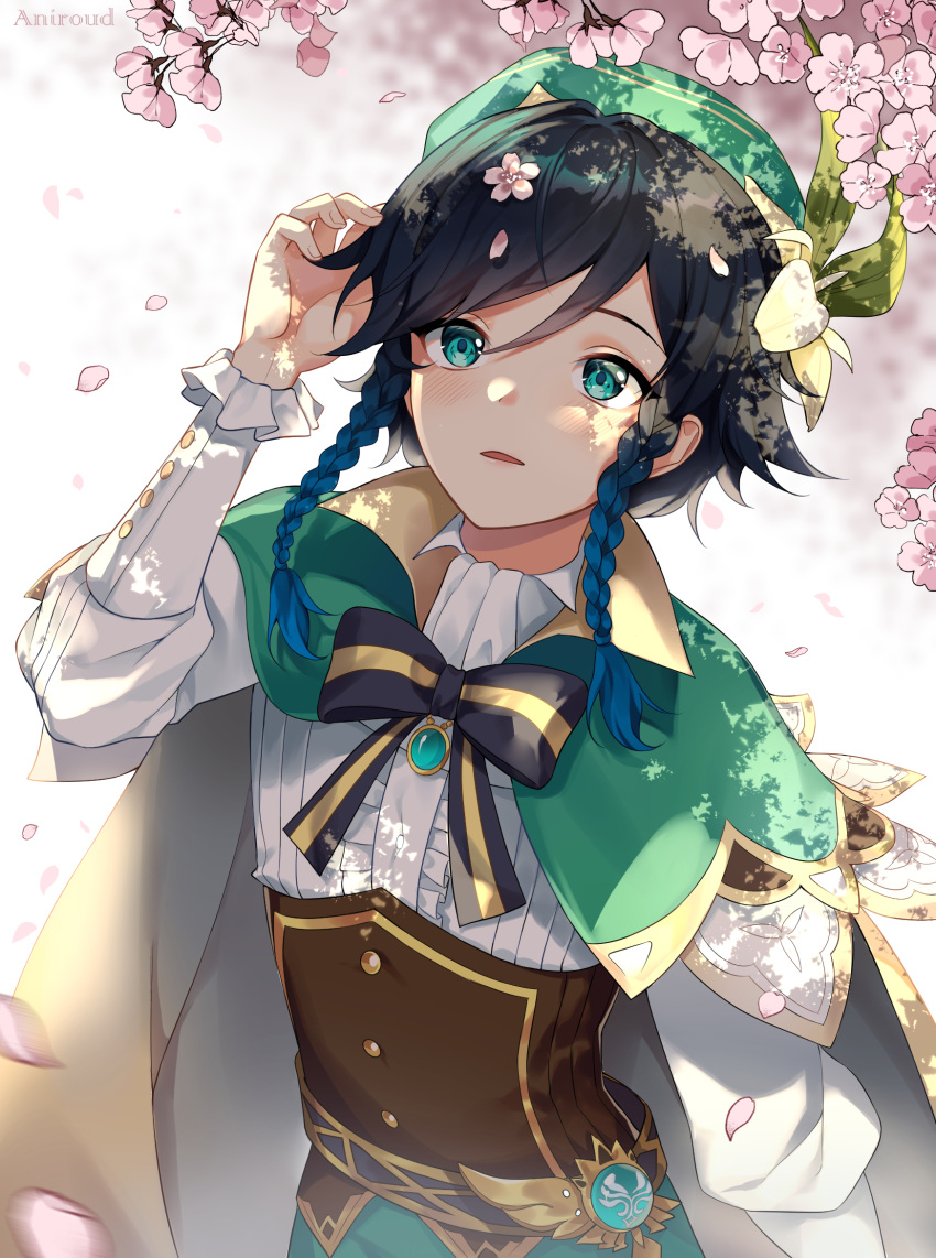 1boy aniroud artist_name bangs beret black_bow black_hair blue_eyes bow braid branch buttons cape center_frills cherry_blossoms collared_cape corset falling_petals flower frilled_sleeves frills gem genshin_impact gradient_hair green_cape green_headwear hand_in_hair hand_up hat hat_flower highres long_sleeves looking_up male_focus multicolored_hair open_mouth petals shirt short_hair_with_long_locks side_braids solo swept_bangs twin_braids venti_(genshin_impact) vision_(genshin_impact) white_background white_shirt