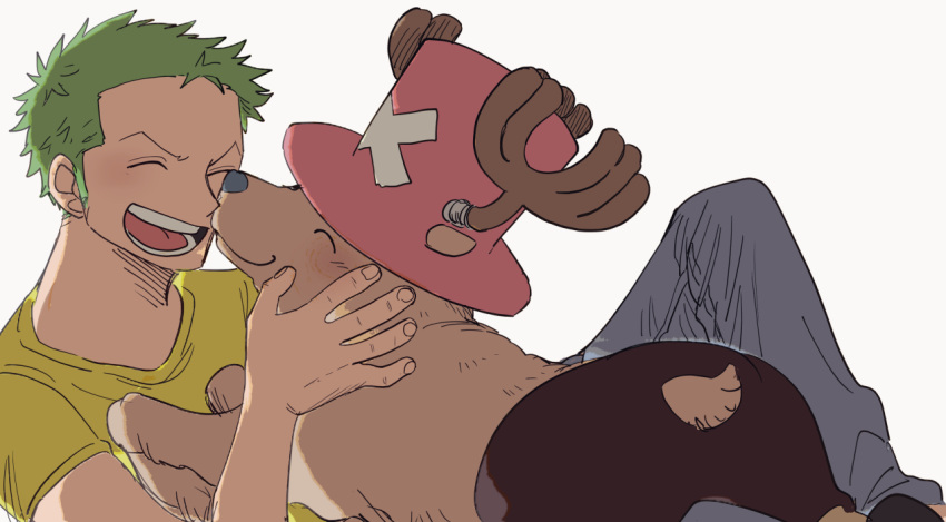 2boys blush brown_fur feet_out_of_frame green_hair hat male_focus multiple_boys noses_touching ns1123 one_piece reindeer roronoa_zoro shirt short_hair sideburns simple_background smile tony_tony_chopper top_hat white_background yellow_shirt