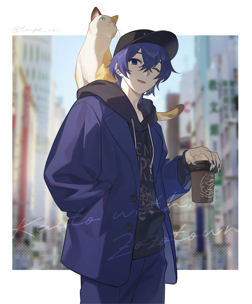 1boy 1c3ink3tk4n absurdres animal_on_shoulder black_hoodie blue_eyes blue_hair blue_jacket blue_nails blue_pants blurry blurry_background border cat cat_on_shoulder coffee_cup cup disposable_cup hair_between_eyes hat highres hood hoodie jacket jacket_over_hoodie kaito_(vocaloid) looking_at_viewer male_focus one_eye_closed open_clothes open_jacket pants project_sekai short_hair solo standing vocaloid white_border wonderlands_x_showtime_kaito