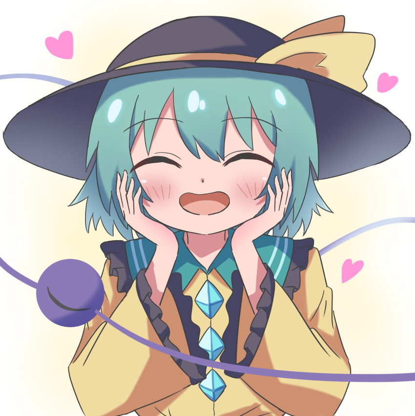 1girl :d ^_^ absurdres black_hat blush buttons closed_eyes diamond_button eyeball frilled_sleeves frills green_eyes green_hair hands_on_own_cheeks hands_on_own_face hat hat_ribbon heart high_meron highres komeiji_koishi long_sleeves looking_at_viewer ribbon shirt short_hair simple_background smile solo third_eye touhou white_background wide_sleeves yellow_ribbon yellow_shirt