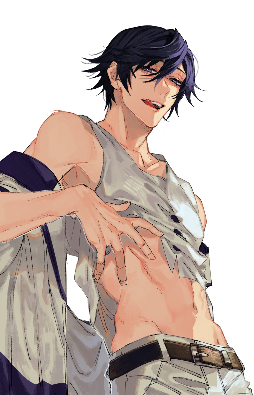 1boy absurdres bare_shoulders belt belt_buckle black_hair brown_belt buckle clothes_lift collarbone flipped_hair hair_between_eyes highres hip_bones ichinose_tokiya jacket jacket_partially_removed licking_lips looking_at_viewer male_focus midriff noroinoenojin pants purple_eyes seductive_smile shirt shirt_lift short_hair simple_background sleeveless sleeveless_shirt smile solo teeth tongue tongue_out upper_body upper_teeth_only uta_no_prince-sama white_background white_jacket white_pants white_shirt