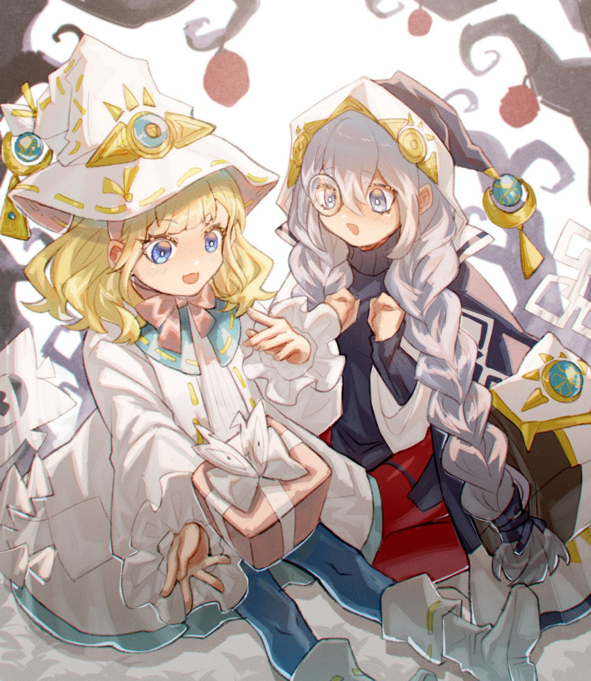 2girls asteria_of_the_white_woods blonde_hair blue_eyes boots box braid dress duel_monster gift gift_box grey_eyes grey_hair hands_up highres long_hair long_sleeves monitor_(udoshiyo) monocle multiple_girls risette_of_the_white_woods twin_braids very_long_hair white_dress white_footwear yu-gi-oh!