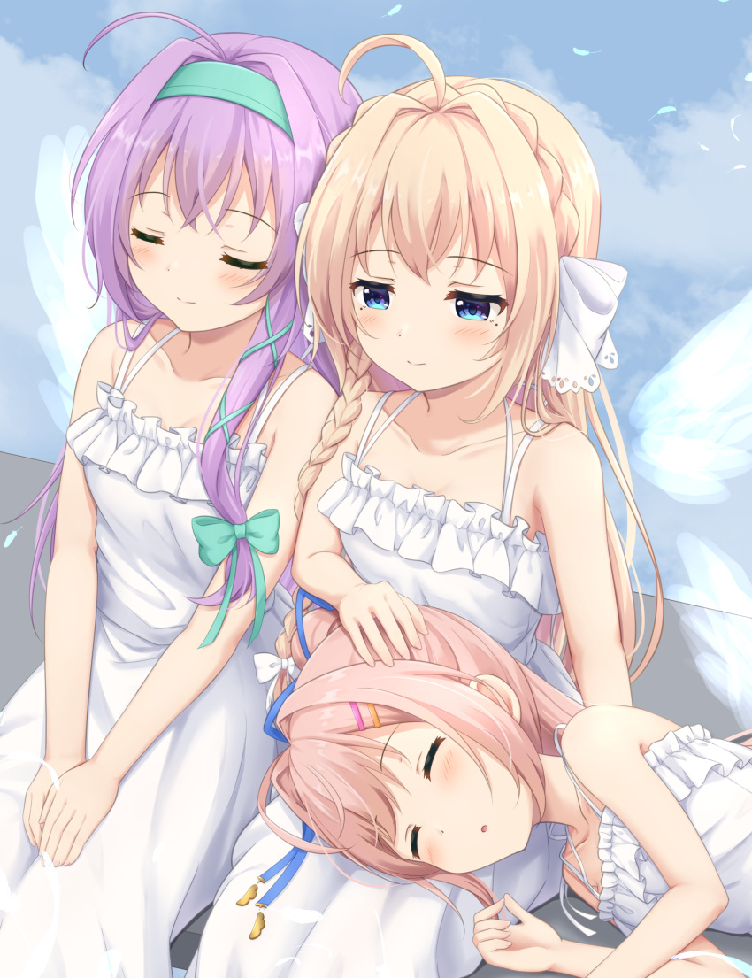 3girls absurdres ahoge blonde_hair blue_eyes bow braid breasts closed_mouth collarbone commentary_request crossed_bangs crown_braid dress frilled_dress frills green_bow hair_bow hair_intakes hair_ornament hairband hairclip hand_on_another's_head hand_rest hands_on_lap high_ponytail highres himura_nagisa hokaze_kanade lap_pillow leaning_on_person long_braid long_hair looking_at_another lying medium_breasts mole mole_under_each_eye mole_under_eye multiple_girls multiple_moles on_side open_mouth pink_hair purple_hair re:stage! shiratori_amaha_(re:stage!) sidelocks single_braid sitting sleeping sleeveless sleeveless_dress smile sundress white_bow yutuki_ame