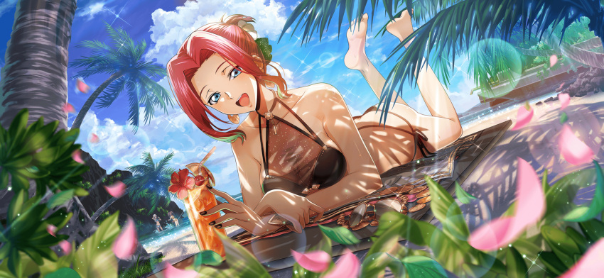 1girl akagi_benio artist_request bare_shoulders barefoot beach bikini black_bikini black_nails blue_eyes blue_sky blurry blurry_foreground blush bokeh breasts butt_crack c.c. cherry cleavage cloud code_geass code_geass:_lost_stories collarbone crossed_wrists cup day depth_of_field drink drinking_glass drinking_straw dutch_angle earrings feet feet_up flower food forehead fruit full_body game_cg green_hair hair_intakes half-closed_eyes happy head_tilt hibiscus highres ice ice_cube jewelry kouzuki_kallen light_blush light_rays looking_at_viewer lying medium_breasts multi-strapped_bikini_bottom multicolored_hair nail_polish necklace non-web_source ocean official_art on_stomach open_mouth orange_(fruit) orange_slice outdoors palm_tree petals red_flower see-through_bikini ship short_hair sidelocks sky smile soles solo_focus sparkle streaked_hair sunglasses sunlight sweat swimsuit teeth toes tree two-tone_hair unworn_eyewear unworn_jewelry unworn_necklace updo watercraft yellow-framed_eyewear