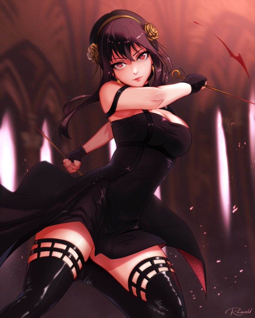 1girl black_dress black_footwear black_gloves black_hair blood blood_on_weapon blurry blurry_background boots breasts cleavage closed_mouth commentary curvy dagger dress earrings eyelashes fingerless_gloves floating_clothes floating_hair foot_out_of_frame gloves gold_earrings gold_hairband hair_between_eyes hairband highres holding holding_dagger holding_knife holding_weapon indoors jewelry knife large_breasts lips long_hair looking_at_viewer ranveld red_eyes signature sleeveless sleeveless_dress solo spy_x_family stiletto_(weapon) thigh_boots thighs tsurime two-sided_dress two-sided_fabric v-shaped_eyebrows weapon yor_briar