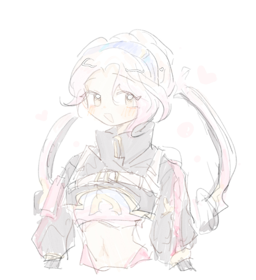 1girl animification apex_legends bi_changjiu_shen_zi_jianmo blush brown_eyes conduit_(apex_legends) cropped_shirt hairband heart highres midriff navel official_alternate_costume open_mouth pink_hair pink_shirt purple_hairband shirt short_hair shrug_(clothing) sketch smile upper_body white_background