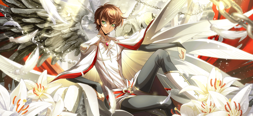 1boy arm_on_knee arm_support artist_request black_pants blurry blurry_foreground boots brown_hair chain cloak closed_mouth cloud cloudy_sky code_geass code_geass:_lost_stories fake_wings feathered_wings feathers floating_clothes flower game_cg gem green_eyes grey_sky happy highres knee_boots knee_up kururugi_suzaku layered_sleeves leaning_back light_particles light_rays lily_(flower) long_sleeves looking_at_viewer male_focus non-web_source official_art outdoors pants pillar red_gemstone shirt short_hair short_over_long_sleeves short_sleeves sidelocks sitting sky smile solo split_mouth statue sunlight tabard white_cloak white_feathers white_footwear white_shirt wings